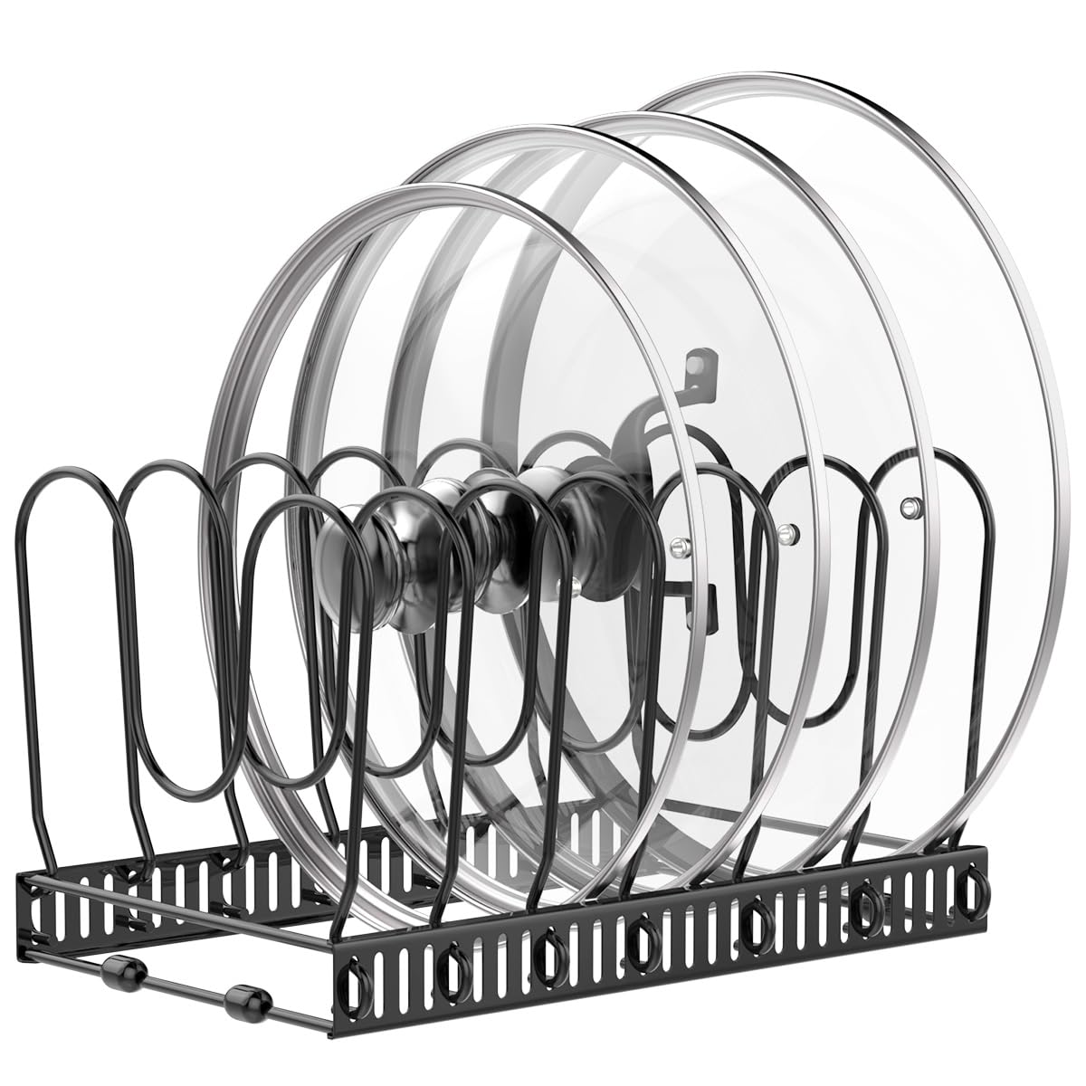 Housolution pot lid organizer with deeper U-dividers securely holding varied lids
