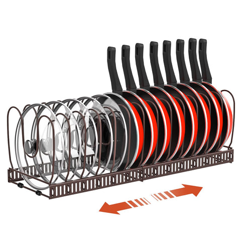 Housolution pot and pan organizer expandable bronze mounted in cabinet for efficient cookware storage.