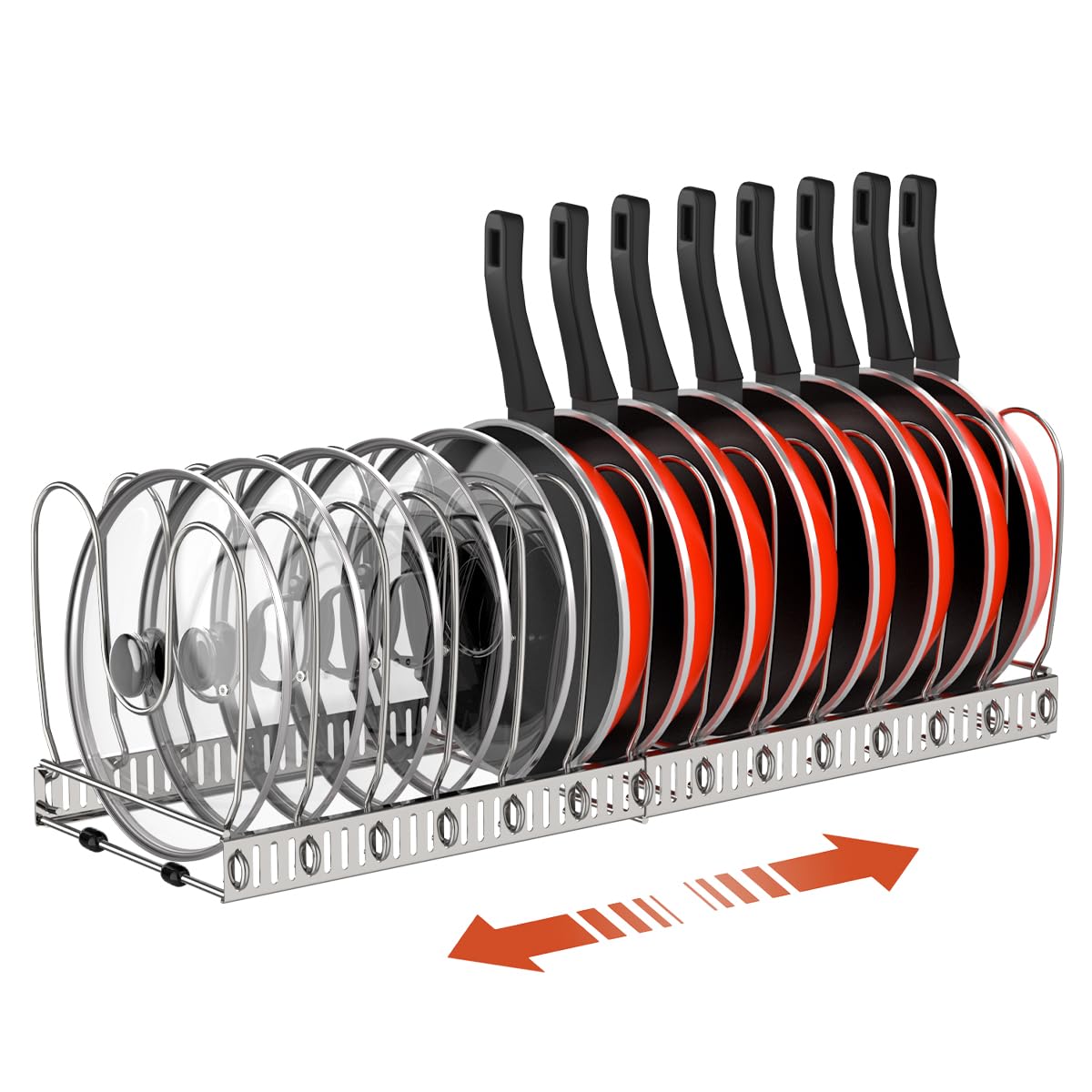 Housolution pot and pan organizer on countertop keeps cookware within reach.