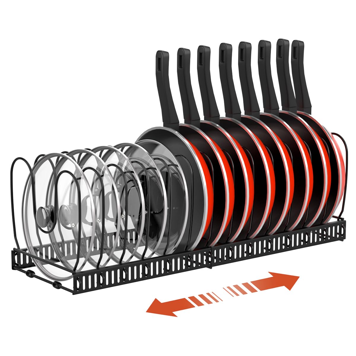 Housolution pot and pan organizer rack, fully expanded, keeps lids and pans within easy reach.