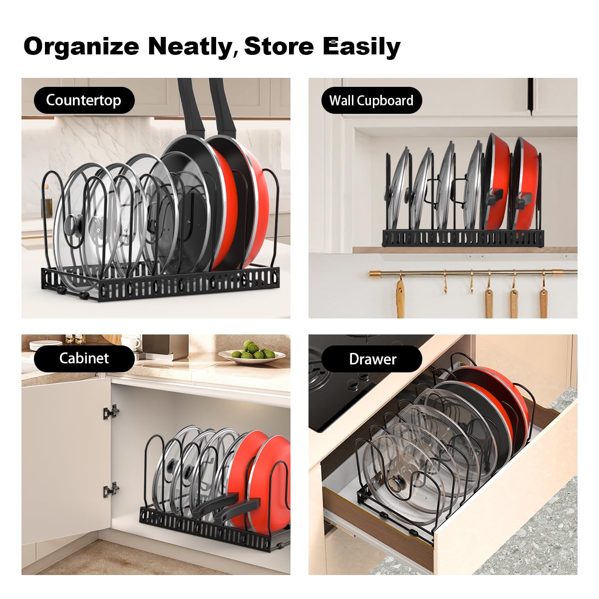 Housolution storage for pots, pans, and lids with adjustable dividers