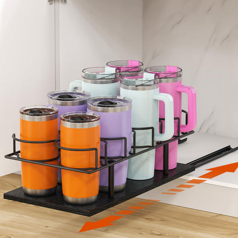 Housolution pull-out cup organizer in cabinet keeps 10-40 oz bottles accessible and neatly stored