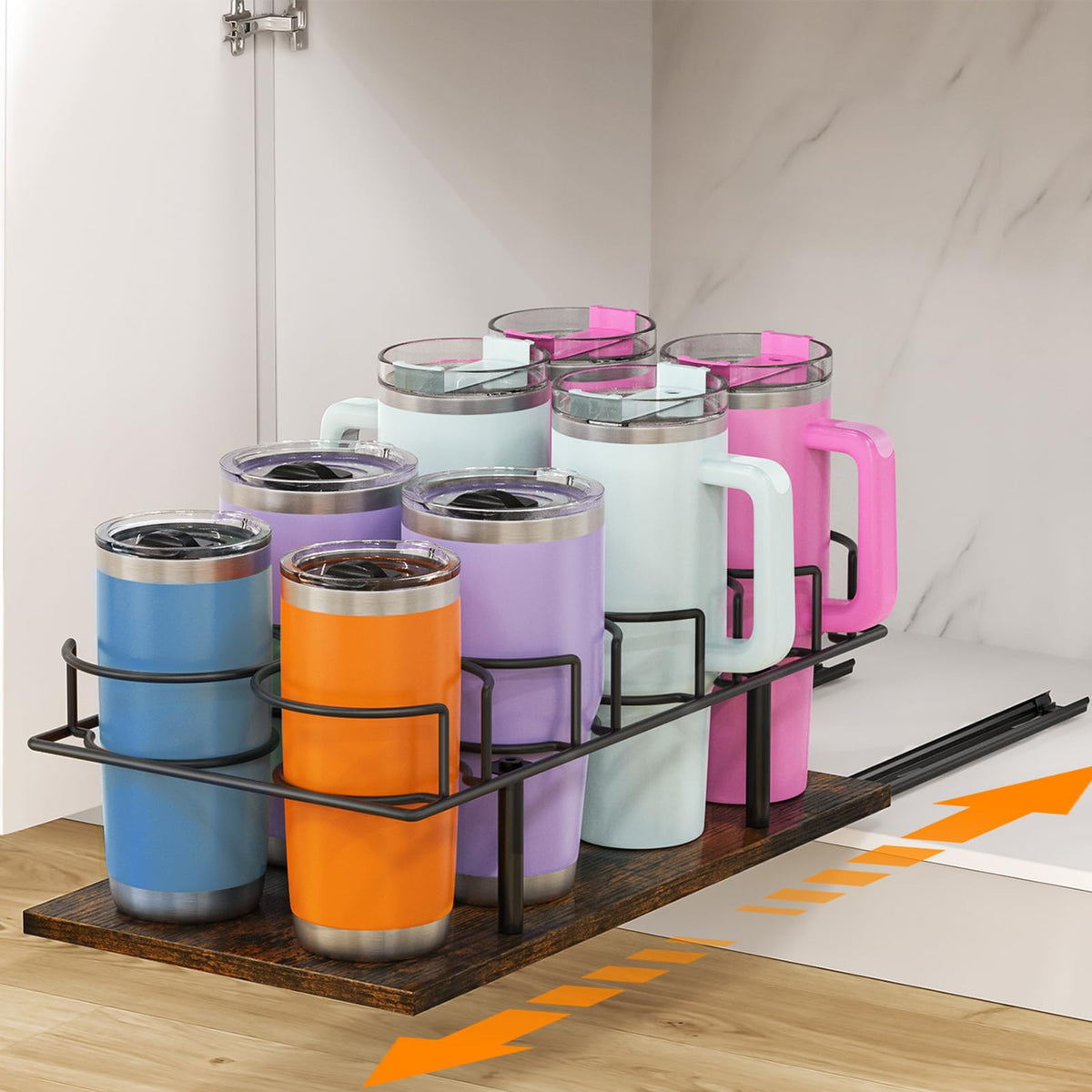 Housolution pull-out water bottle organizer in cabinet for quick access