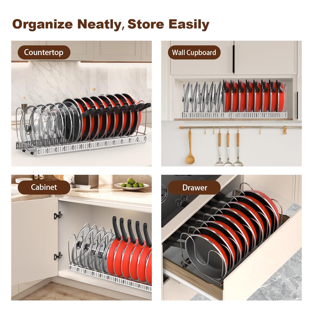 Housolution silver kitchen storage rack holding pots and lids compactly.