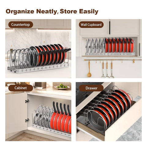 Housolution silver kitchen storage rack holding pots and lids compactly.