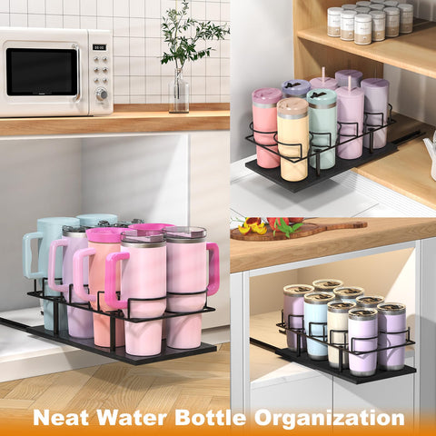 Housolution slide-out tumbler storage rack shown for a tidy kitchen shelf