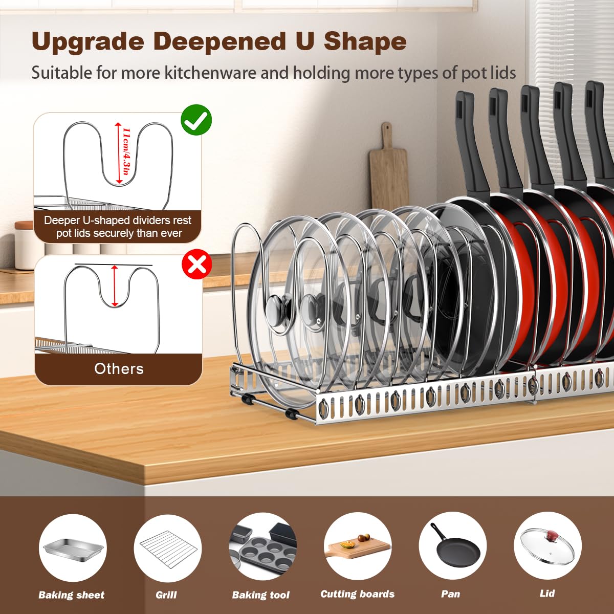 Housolution stainless steel lid rack in cabinet for easy lid access.