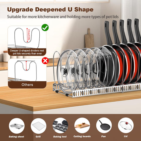 Housolution stainless steel lid rack in cabinet for easy lid access.
