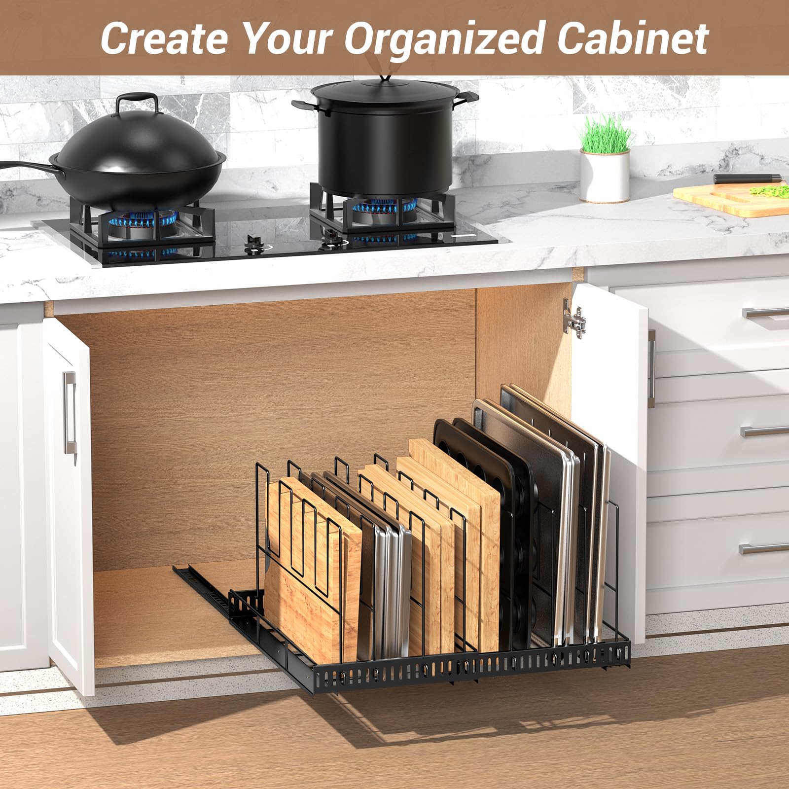 Housolution ideal for organizing cutting boards, baking sheets, pans, and lids
