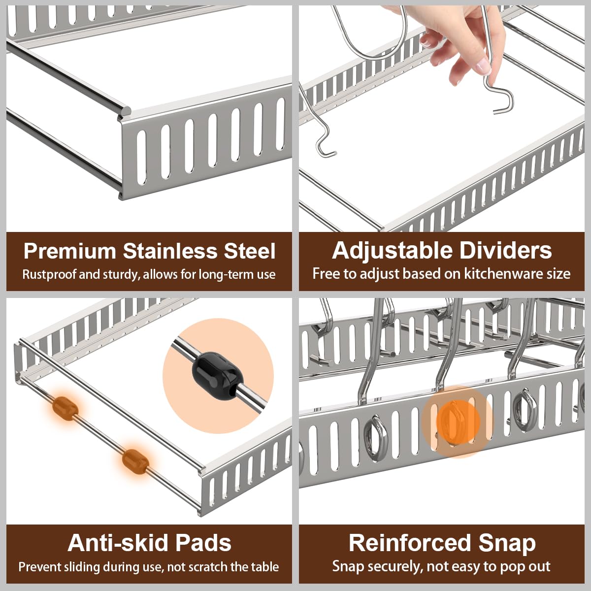 Housolution under-sink expandable storage divider stores bakeware neatly.