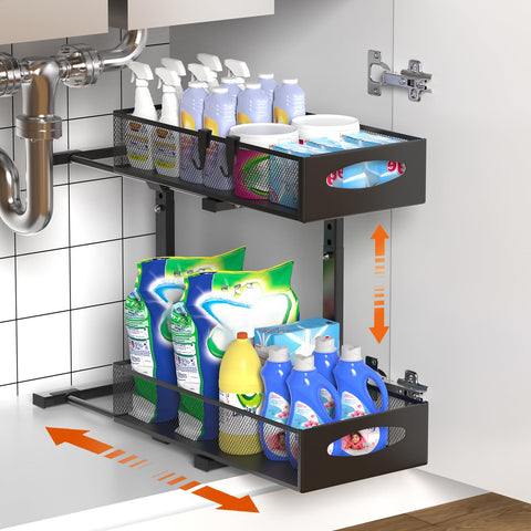 Housolution under-sink organizer with 2-tier drawer for easy access to supplies.