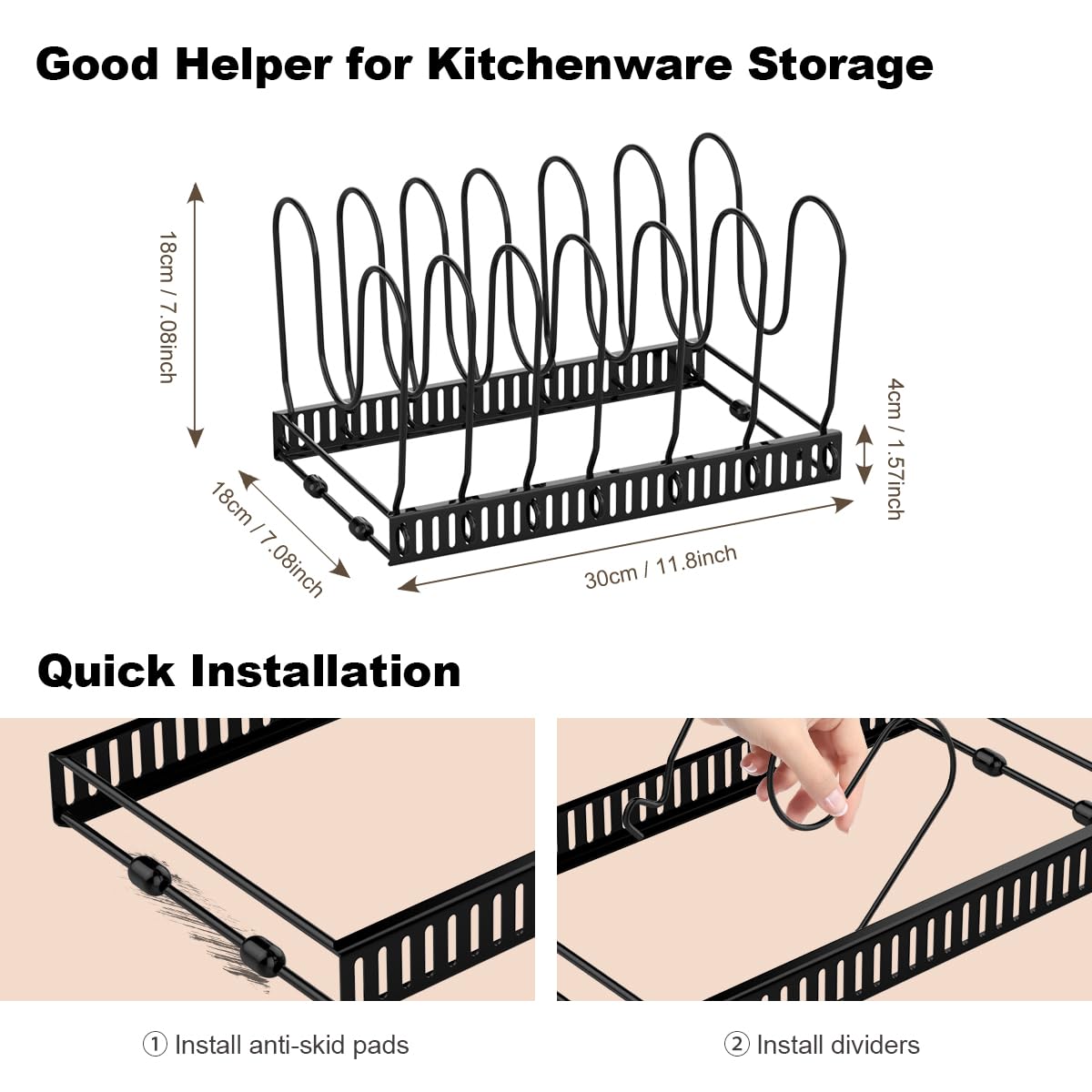 Versatile Housolution rack holds lids, pots, pans, trays, and plates neatly