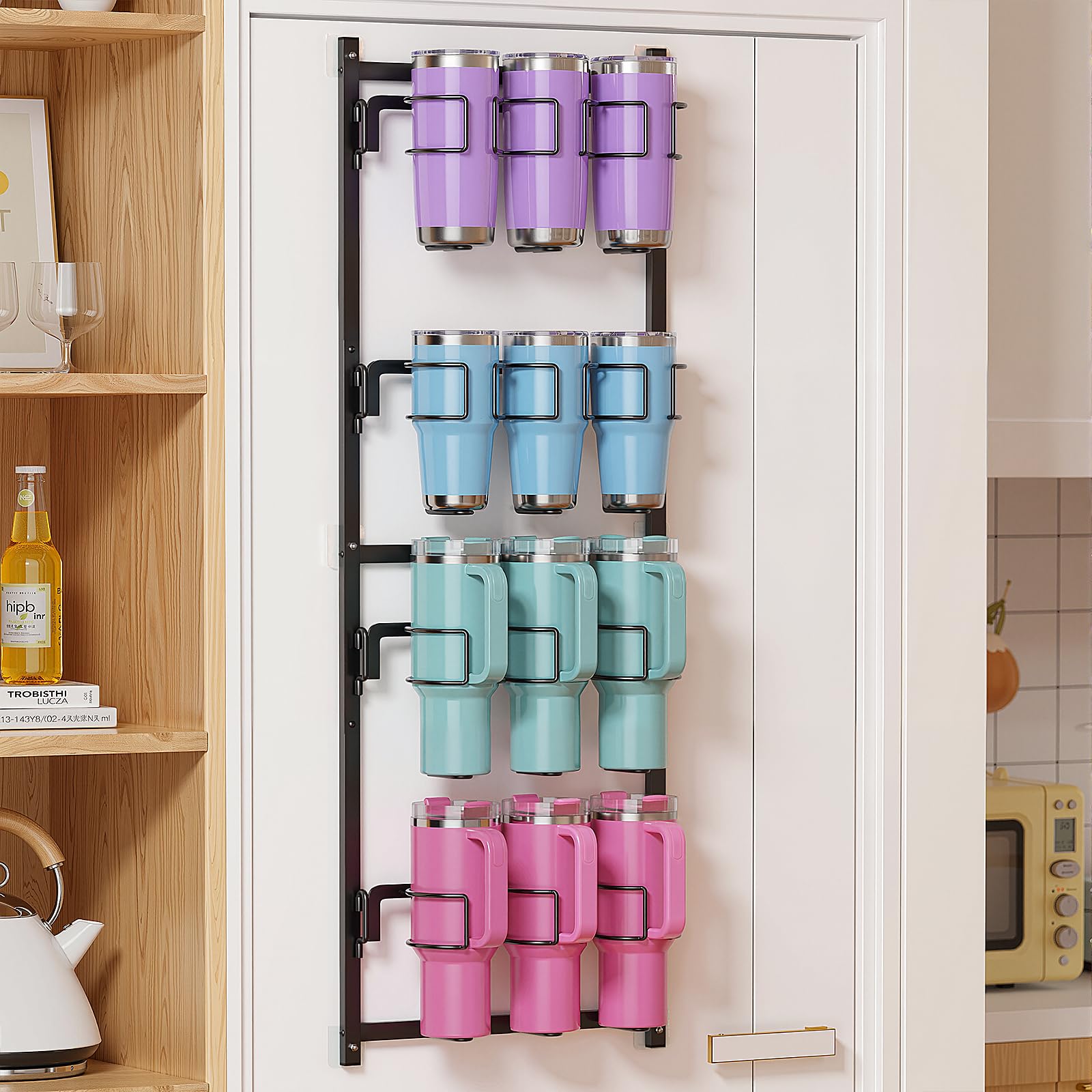 Housolution water bottle organizer four-tier structure keeps 10–40 oz bottles neatly stored.