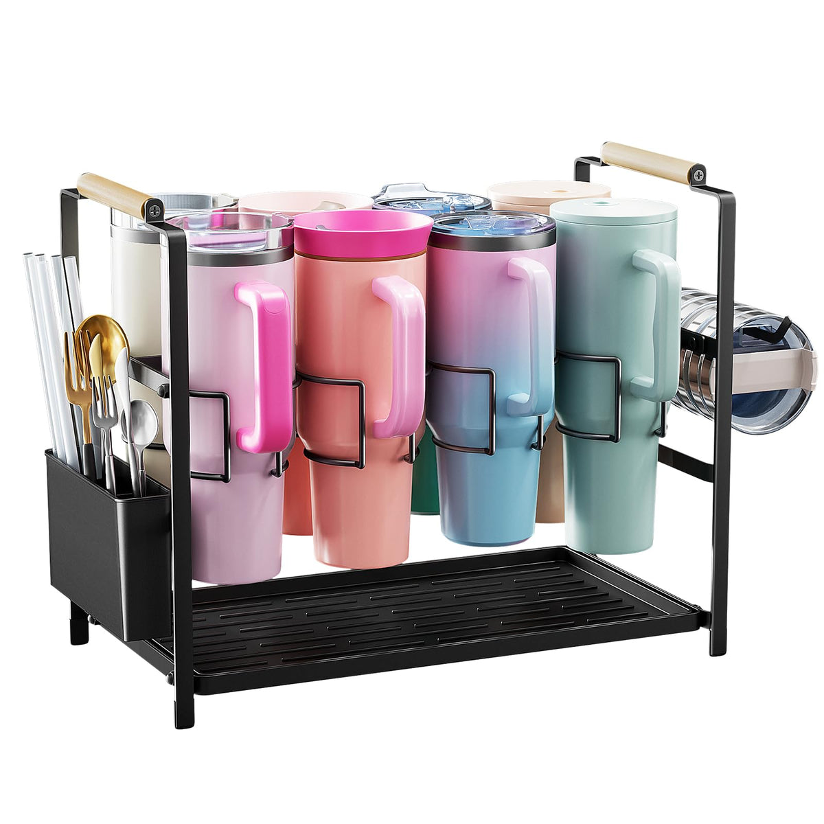 Housolution 8-slot water bottle organizer holds 40oz tumblers neatly.