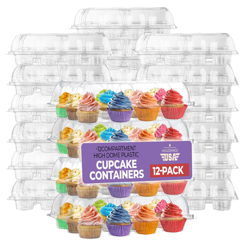HouzzKingz 12-compartment high-dome cupcake containers showcase frosted cupcakes securely for transport.
