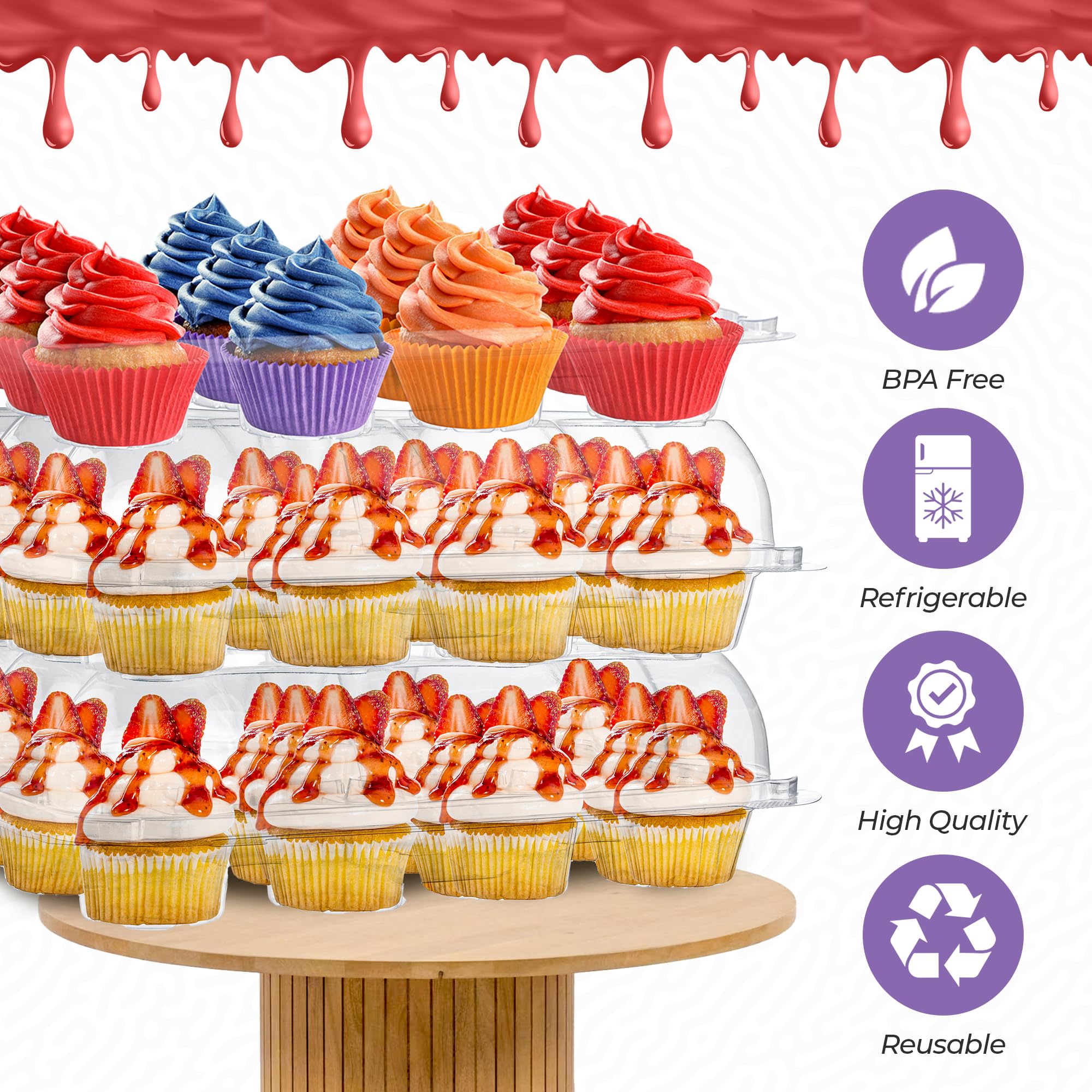HouzzKingz clear-view cupcake holders highlight decorations and vibrant colors for display.