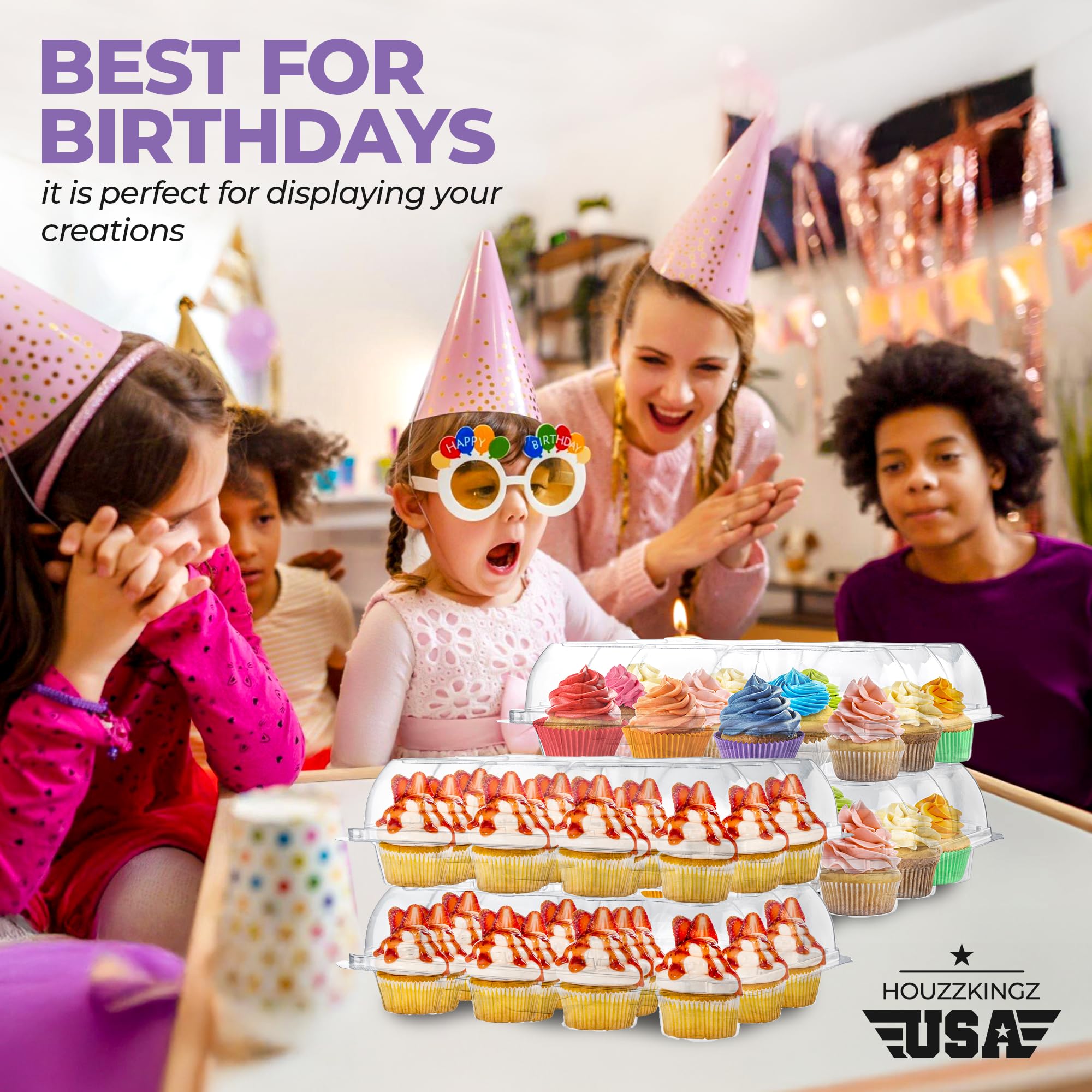 HouzzKingz freezer-friendly cupcake boxes protect frosted desserts in cold storage.