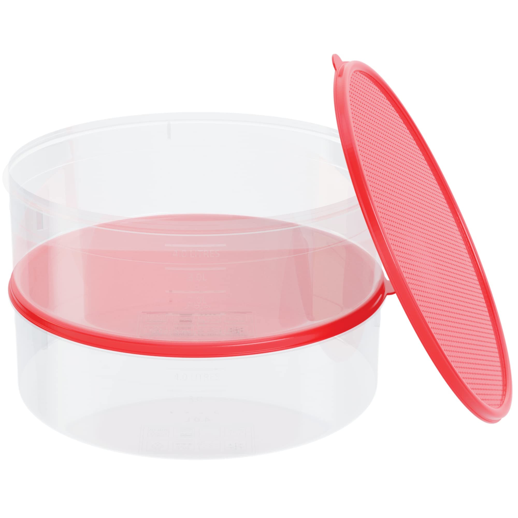 HouzzKingz large round storage shows 135 oz capacity in clear container.