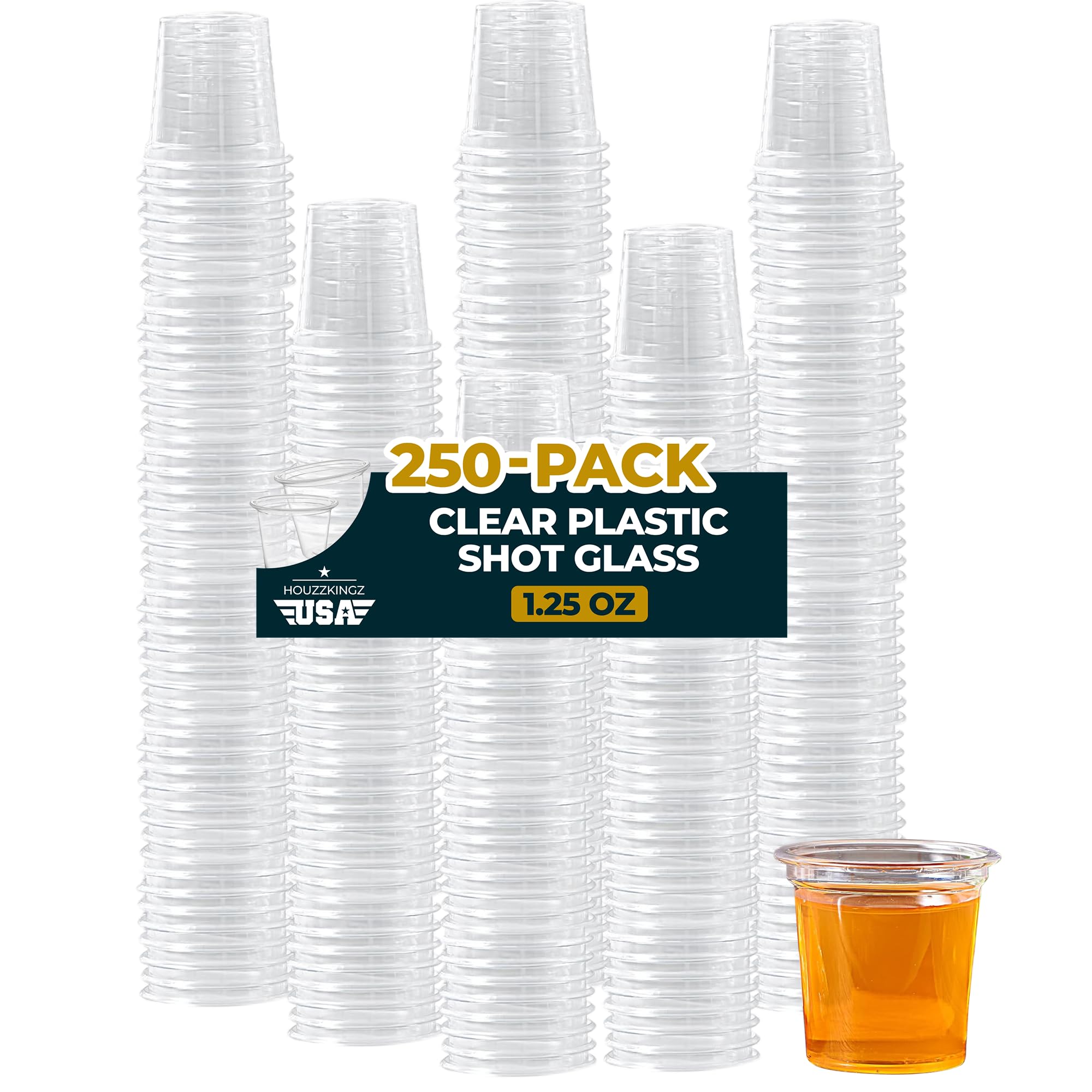 Houzzkingz USA clear 1.25 oz shot glasses displaying vibrant drinks at parties.