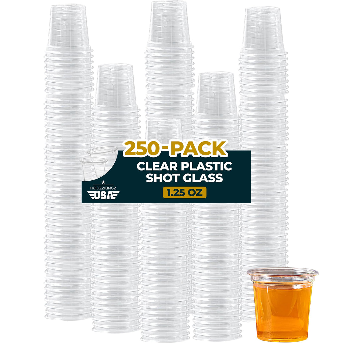 Houzzkingz USA clear 1.25 oz shot glasses displaying vibrant drinks at parties.
