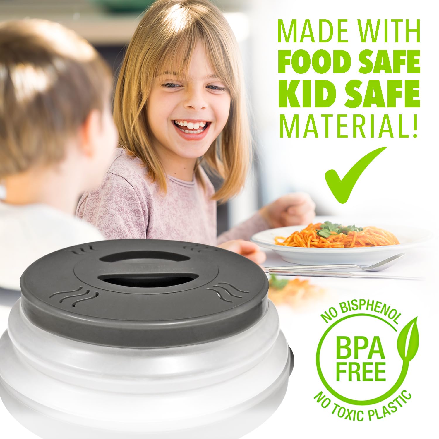 Hover Cover fits most microwaves, preserving plate dryness and clean surfaces.