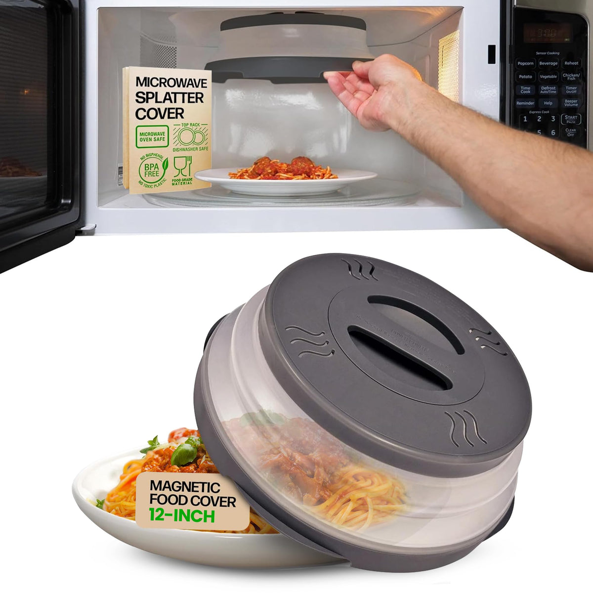 Hover Cover magnetic attachment secures to the microwave ceiling for mess-free heating.
