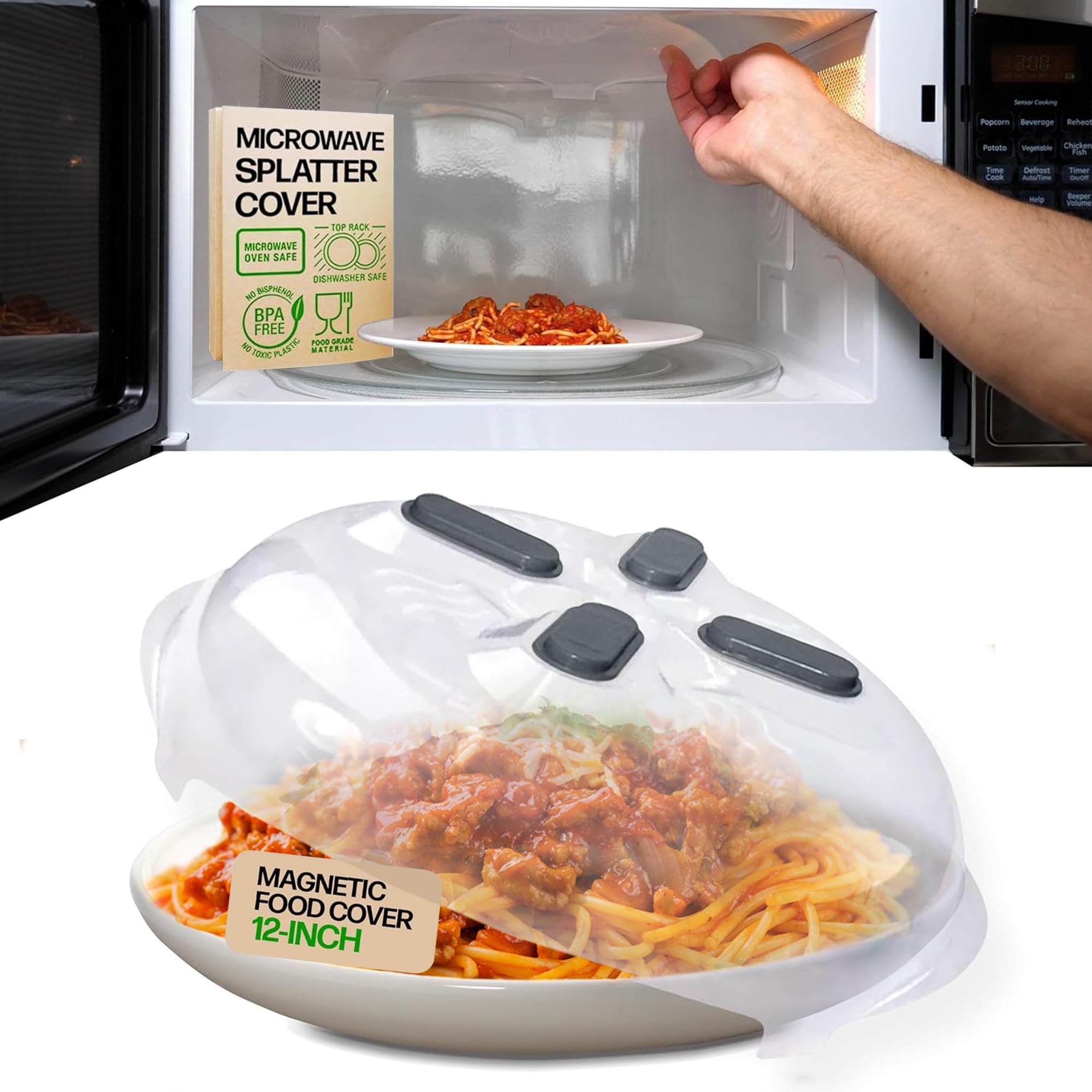 Hover Cover magnetic microwave cover top view prevents splatters for a cleaner microwave