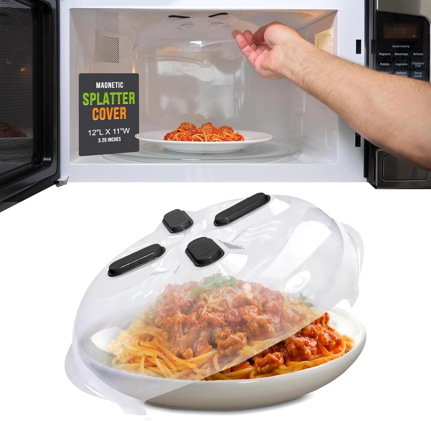 Hover Cover twelve-inch lid demonstrates compact size for easy reheating protection