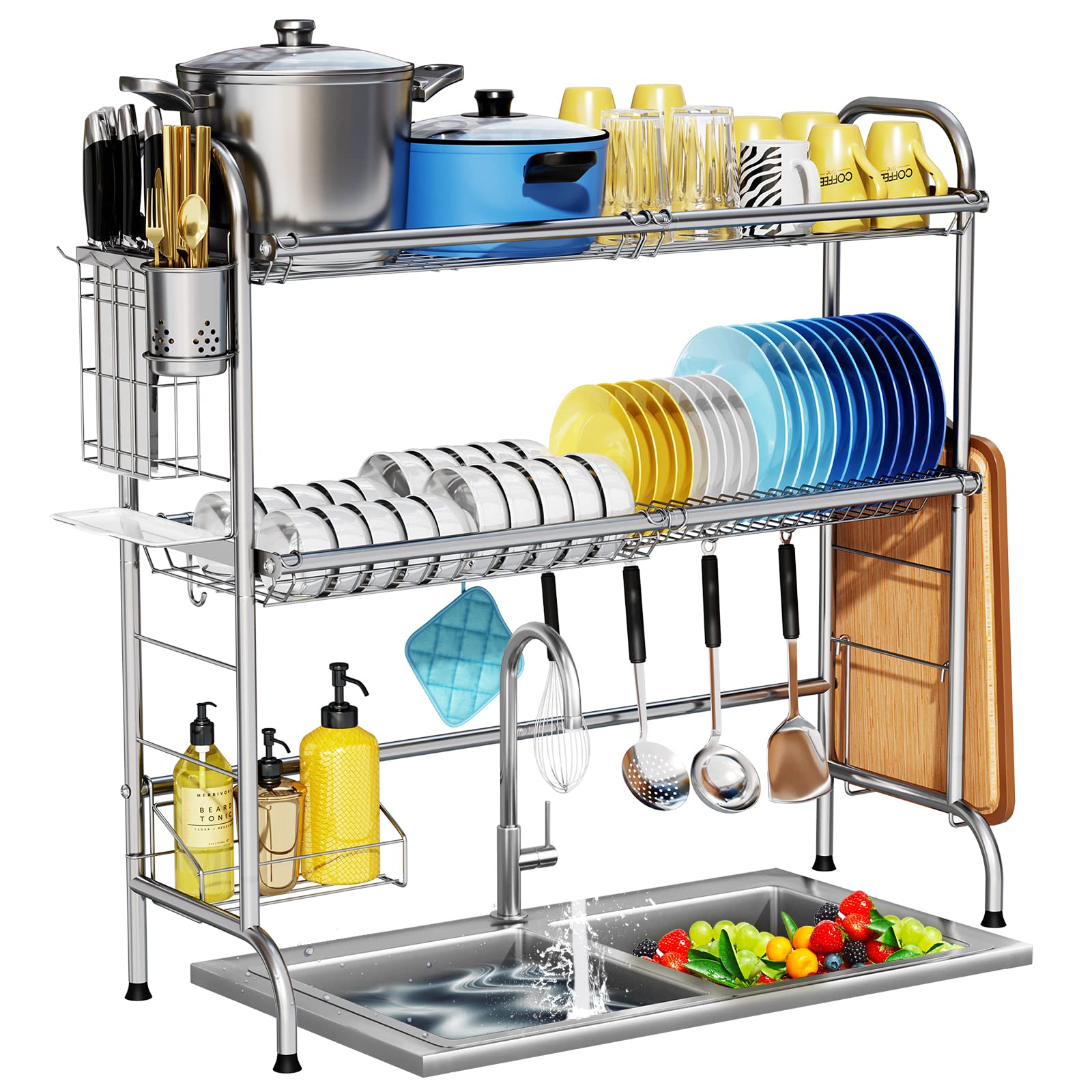 HOWDIA over-the-sink rack in stainless steel, front view, showcasing durable build