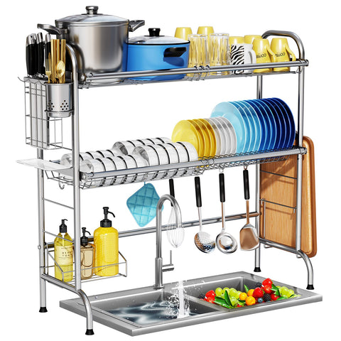 HOWDIA over-the-sink rack in stainless steel, front view, showcasing durable build