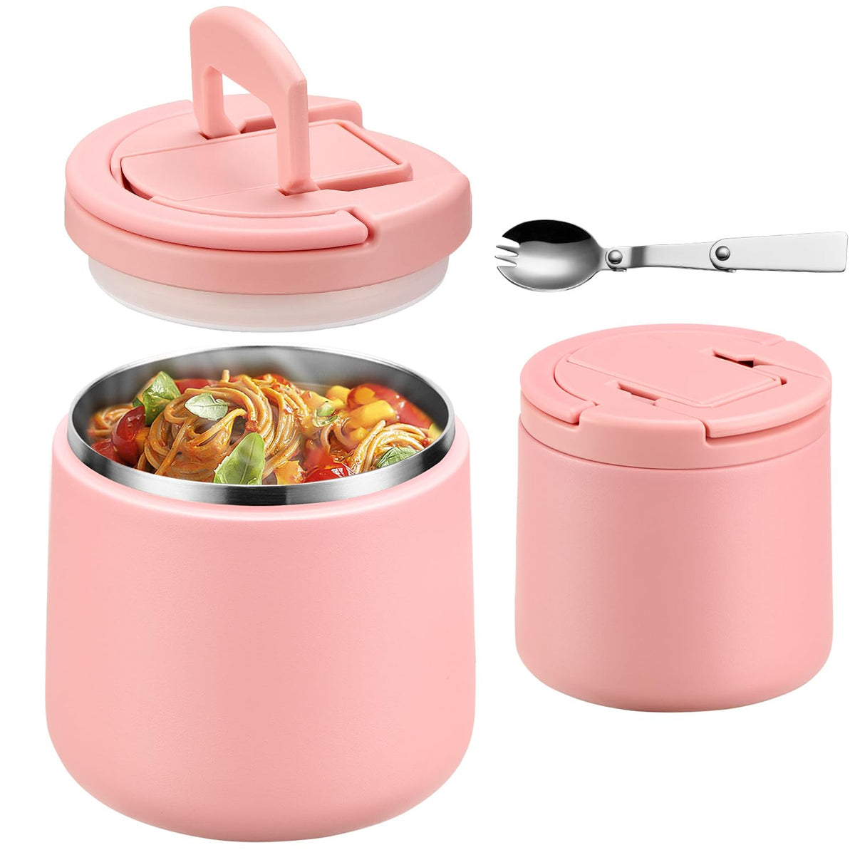 Howeemo 20oz insulated food jar with pink buckle lid for school lunches.