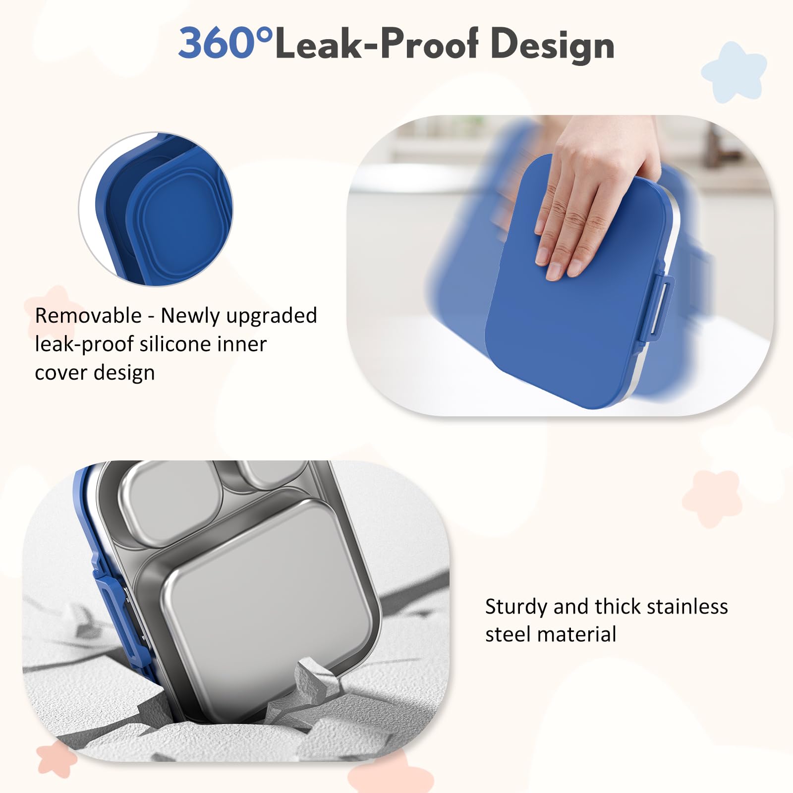 Howeemo kids lunch box shows sandwich capacity and portion separation.