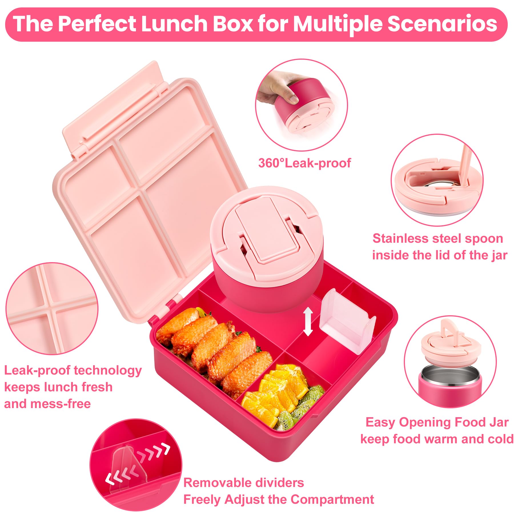 Howeemo bento lunch box shows four pink compartments for organized meals.