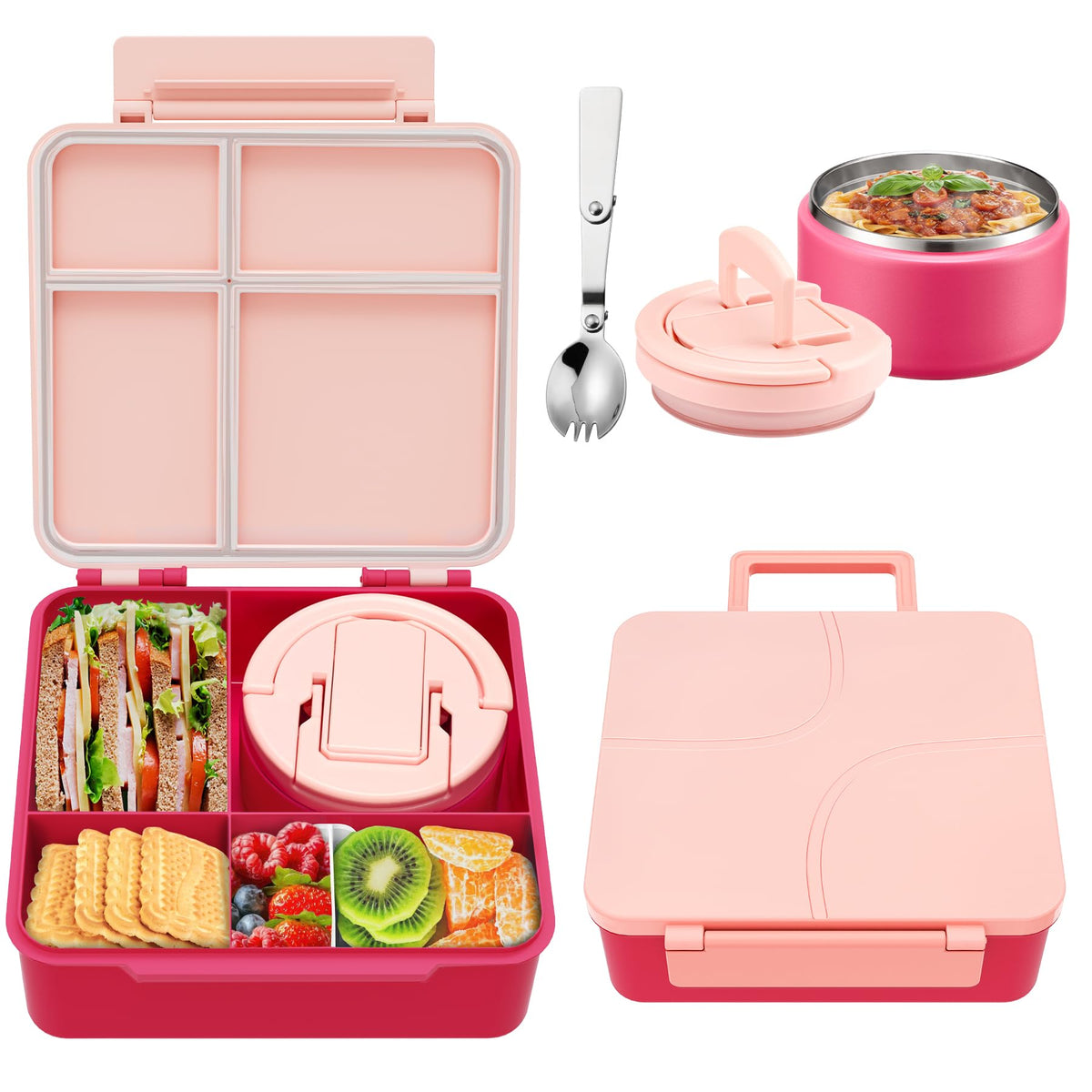 Howeemo bento lunch box for kids pink lid open, easy access for little hands.