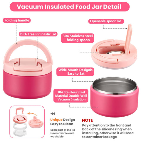 Howeemo insulated food jar with stainless steel interior and spoon for mess-free meals.