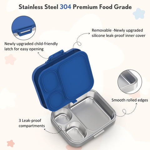 Howeemo stainless steel bento box with three compartments keeps meals organized.