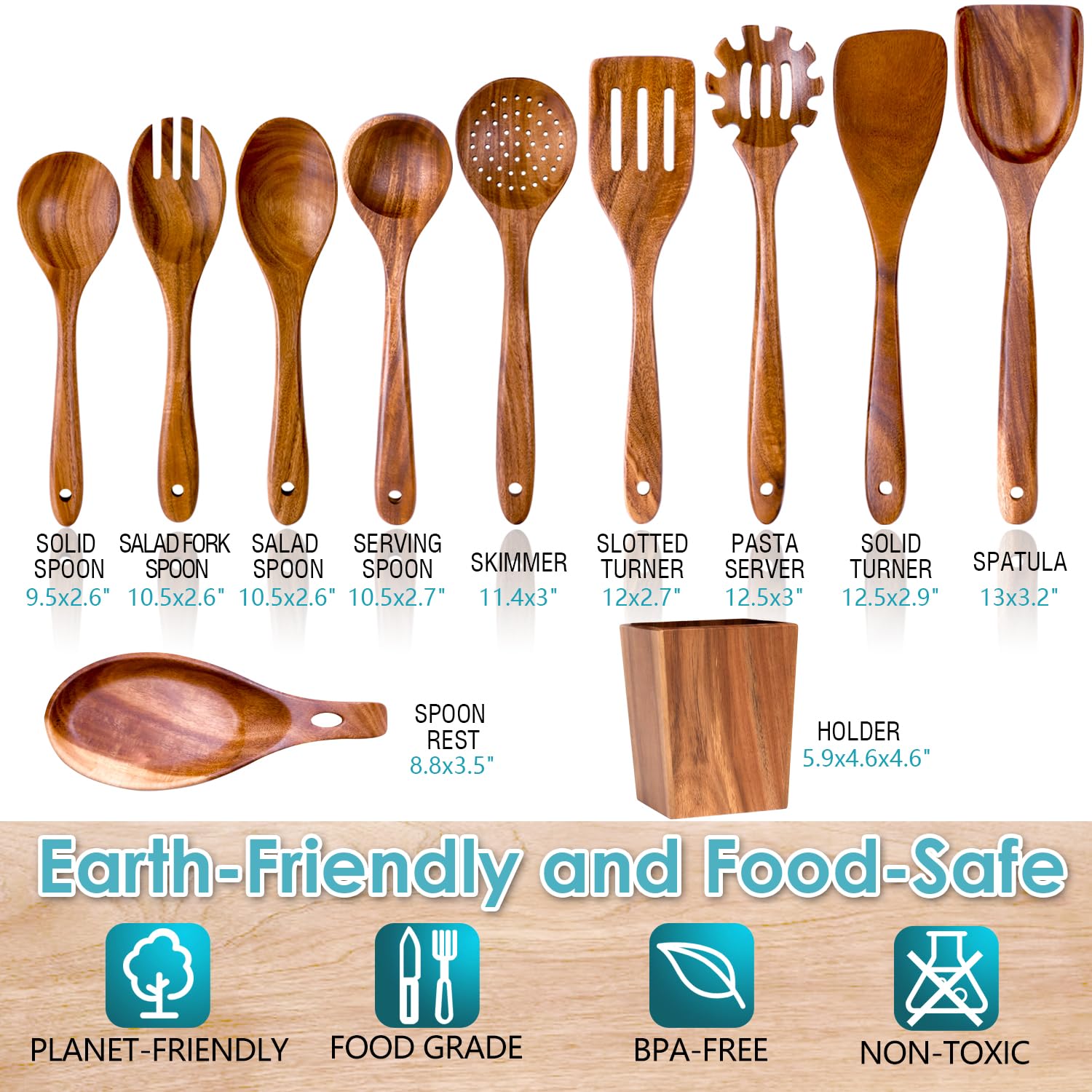 HOWHONG acacia wood spoons close-up highlighting smooth finish protection for nonstick cookware.