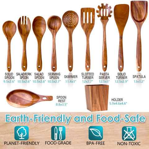 HOWHONG acacia wood spoons close-up highlighting smooth finish protection for nonstick cookware.