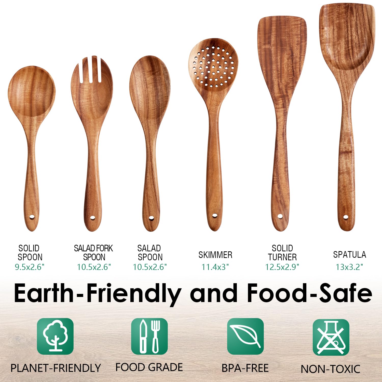 Close-up of handcrafted teak grain on HOWHONG utensils.