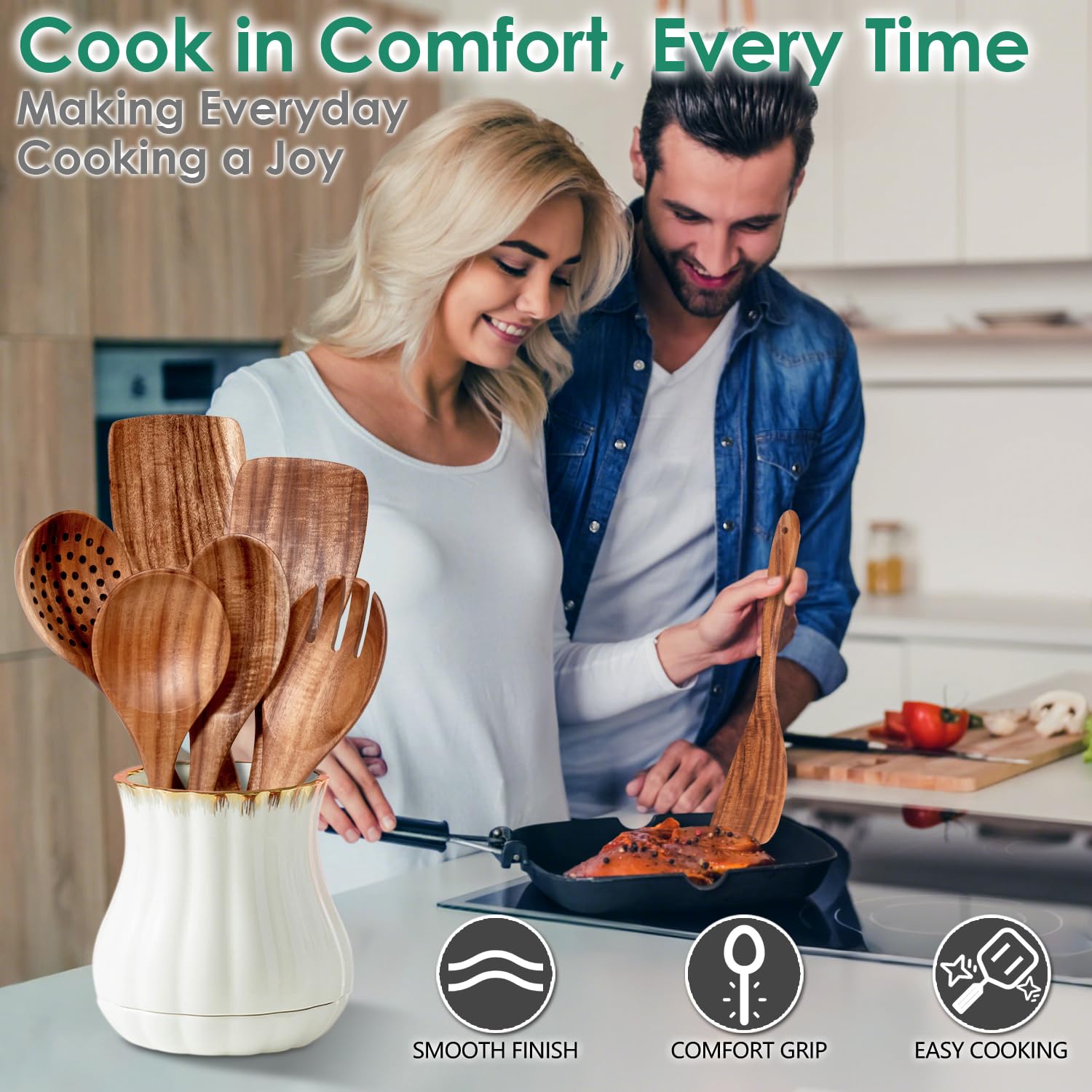 Six-piece HOWHONG teak utensil set ready for versatile cooking tasks.