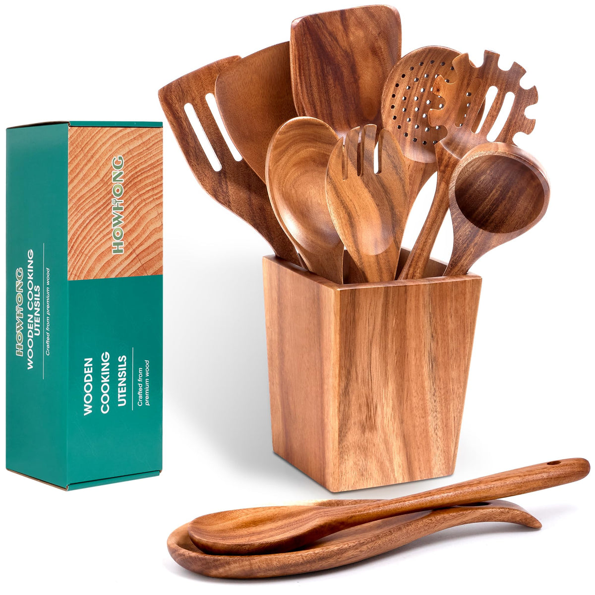 HOWHONG wooden spoons set top view, ideal for stirring sauces and daily cooking.