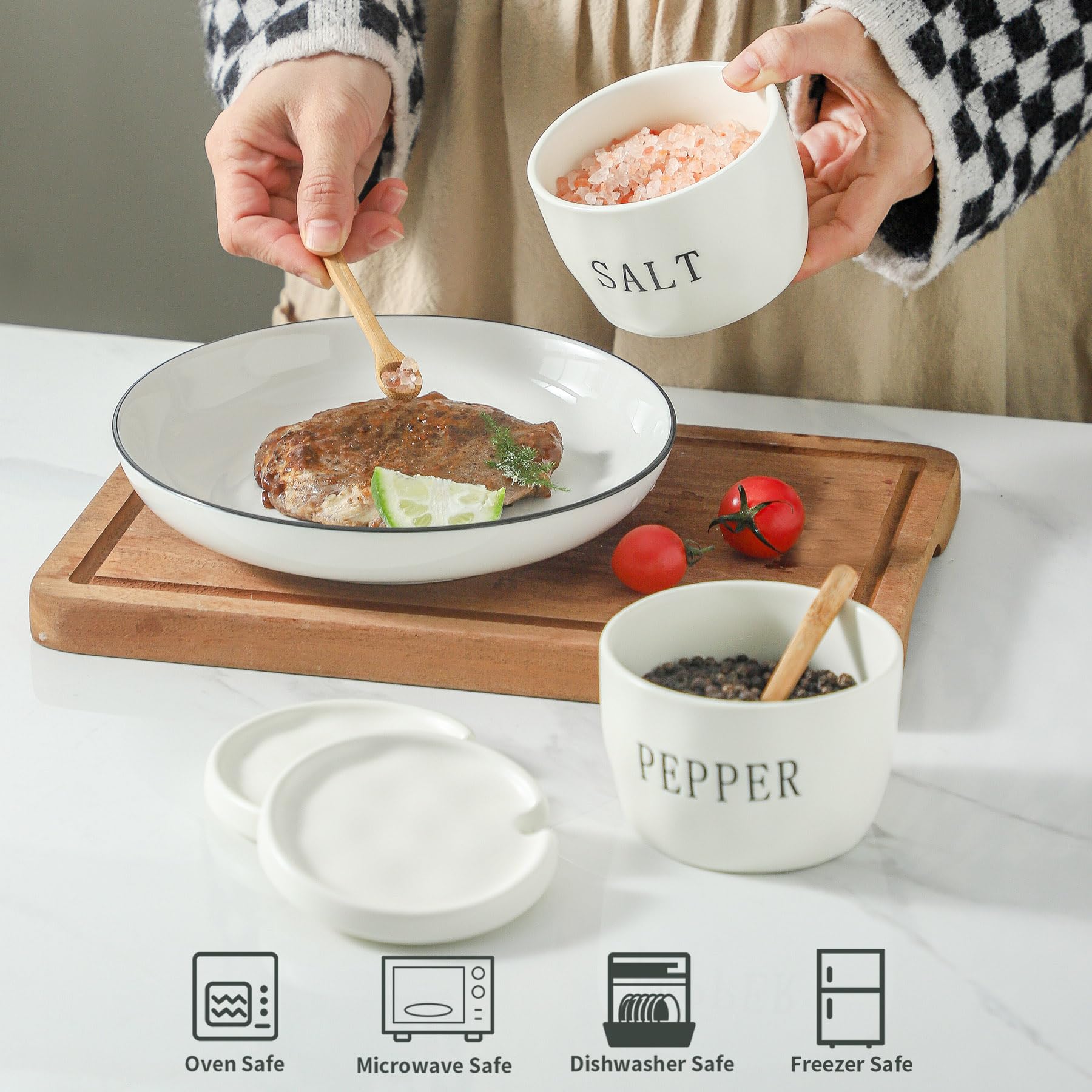 Howise white salt pepper holder on counter keeps seasonings reachable.