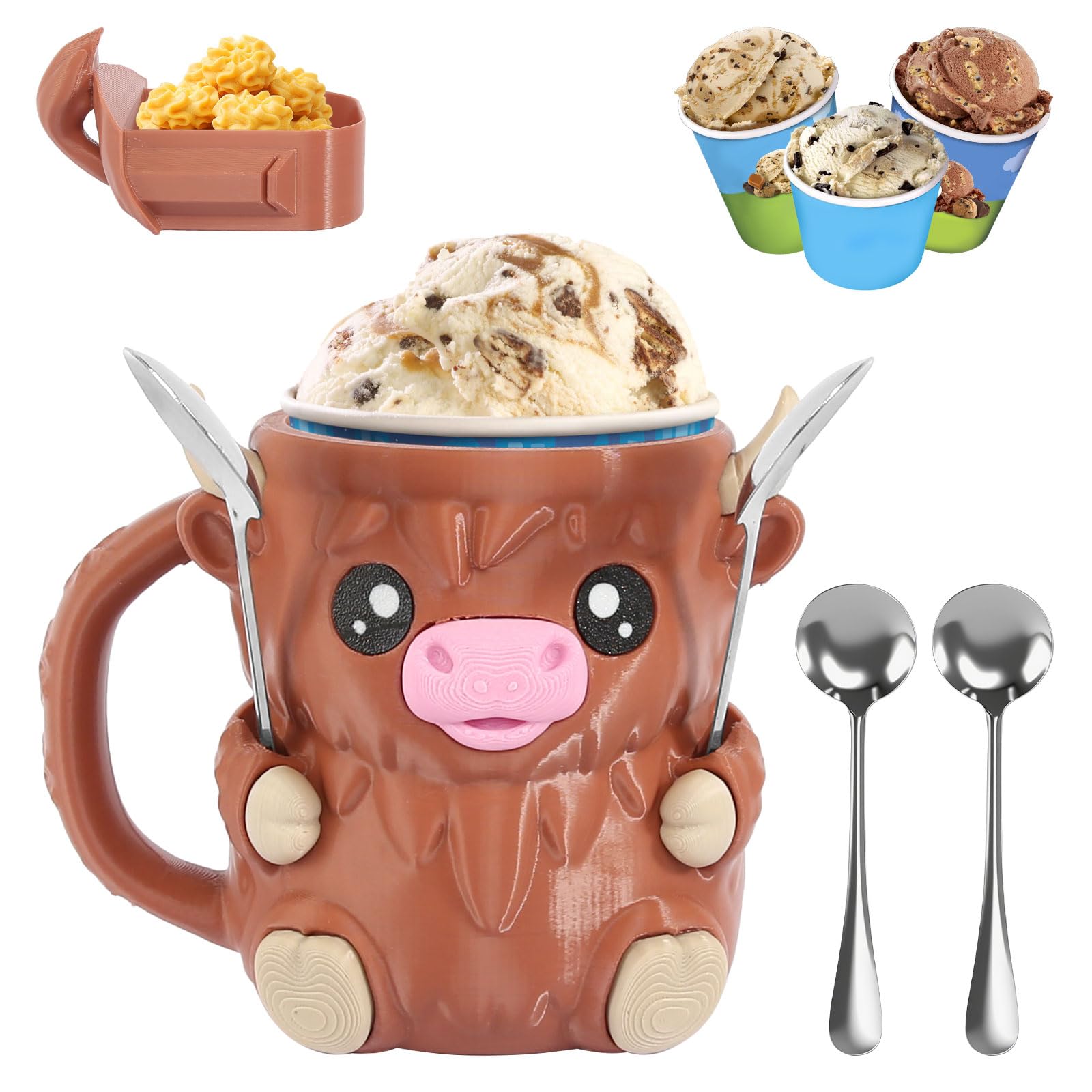 Hoxxu Highland Cow pint holder with handle for easy, mess-free dessert serving.