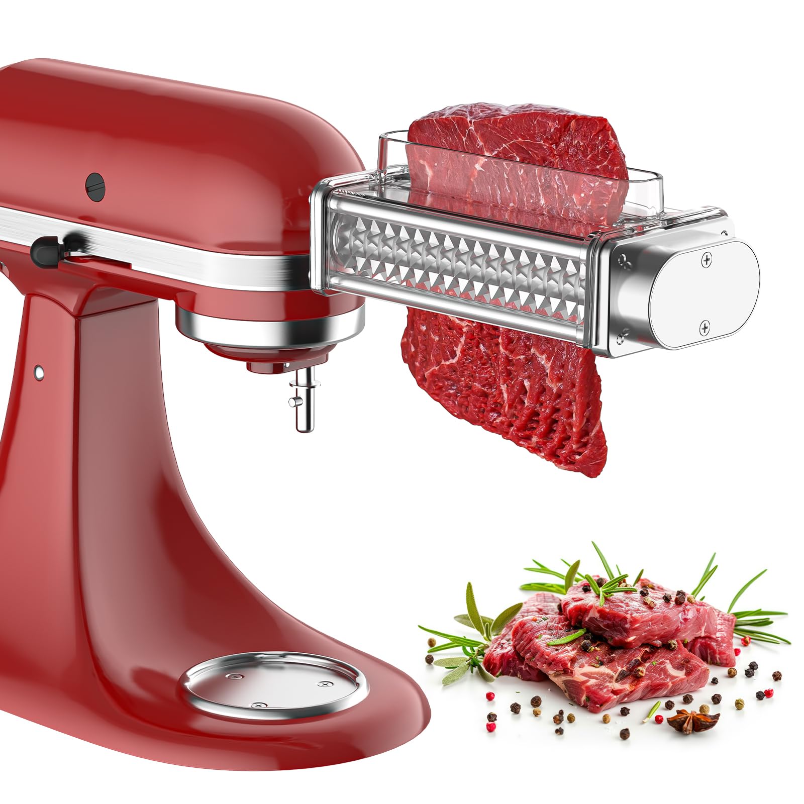 HOZODO meat tenderizer attachment on KitchenAid tenderizes tougher cuts quickly.