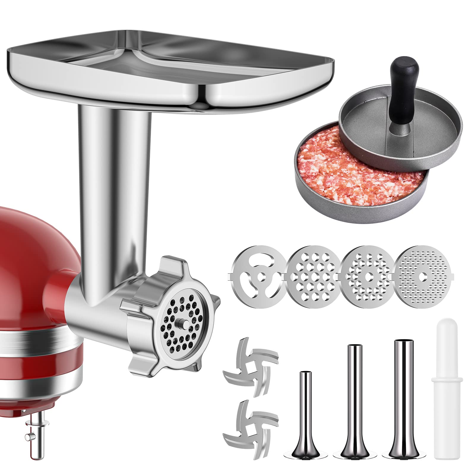 HOZODO metal meat grinder attachment for KitchenAid, packaging shot highlights durable construction.