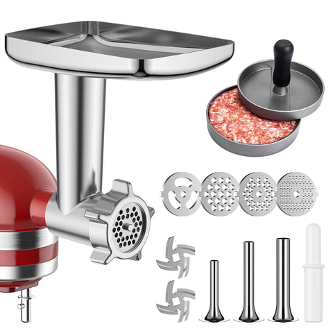 HOZODO metal meat grinder attachment for KitchenAid, packaging shot highlights durable construction.