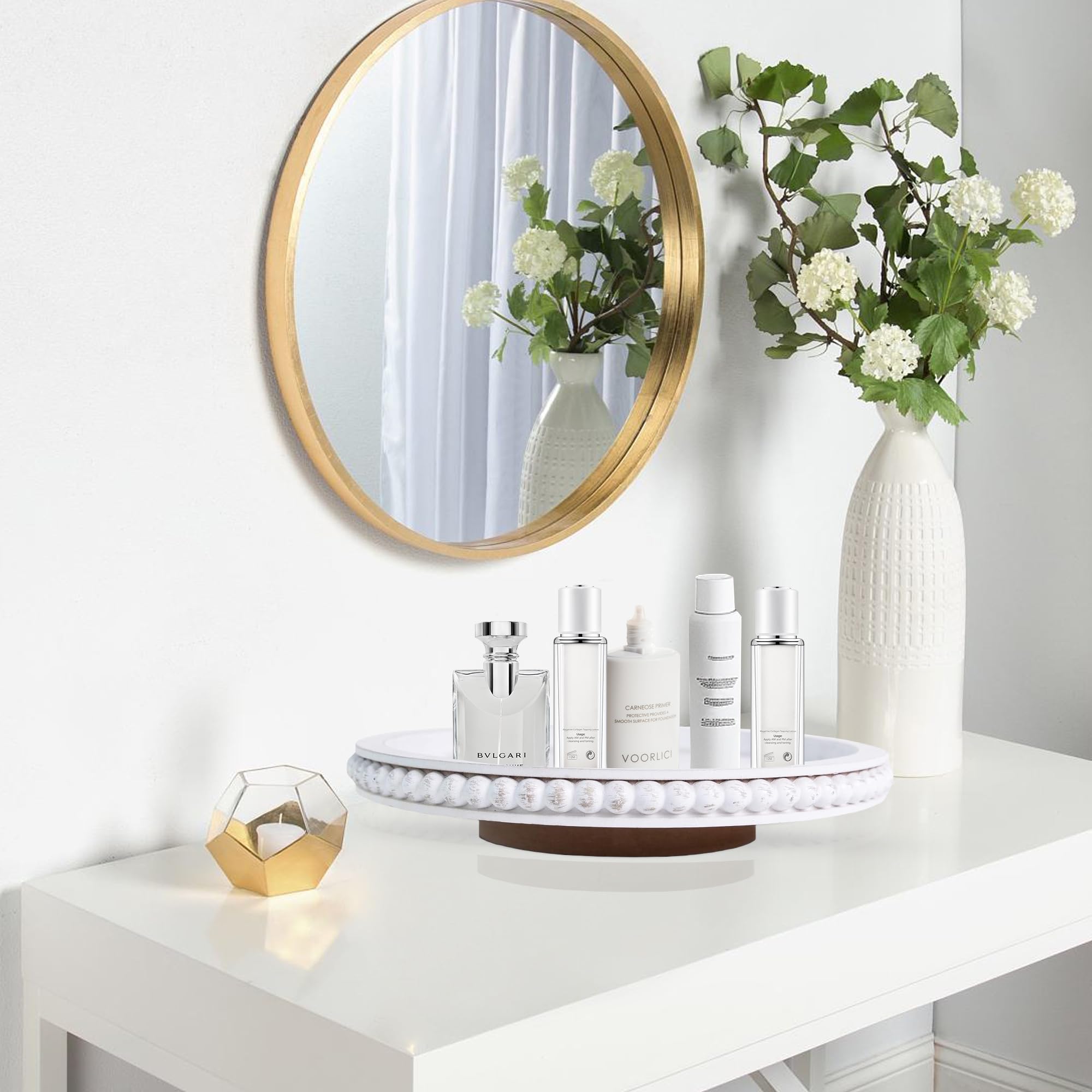HPC Decor Beaded Lazy Susan Bathroom-Storage keeps essentials in reach.