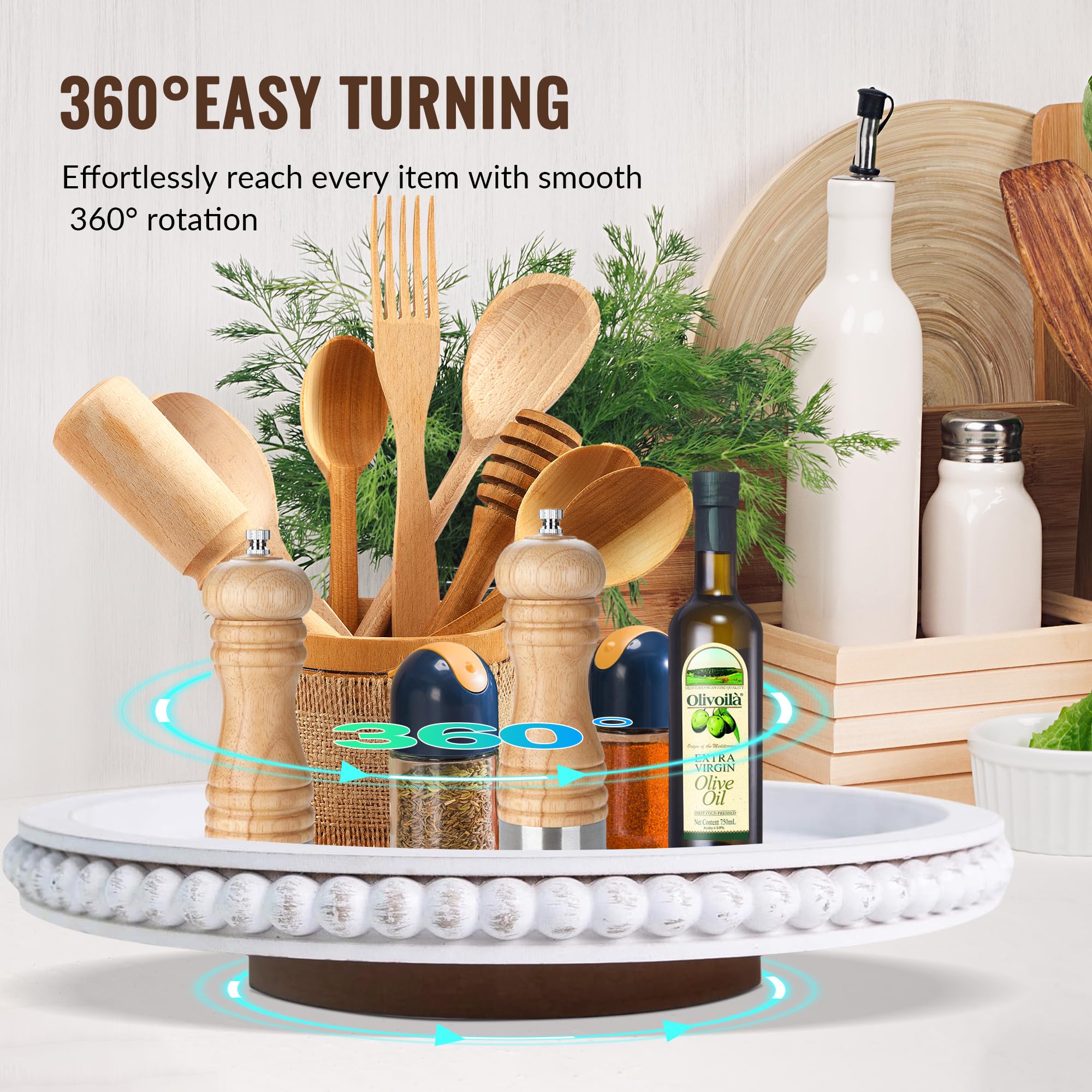 HPC Decor Beaded Lazy Susan Wooden Turning Tray with 360-degree rotation makes serving effortless.