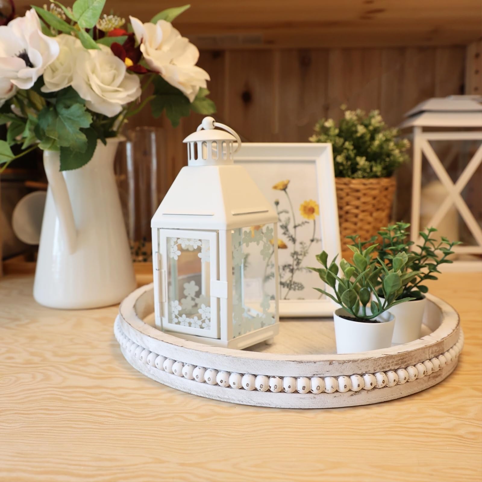 Hrastany whitewashed round tray enhances living room decor with rustic charm