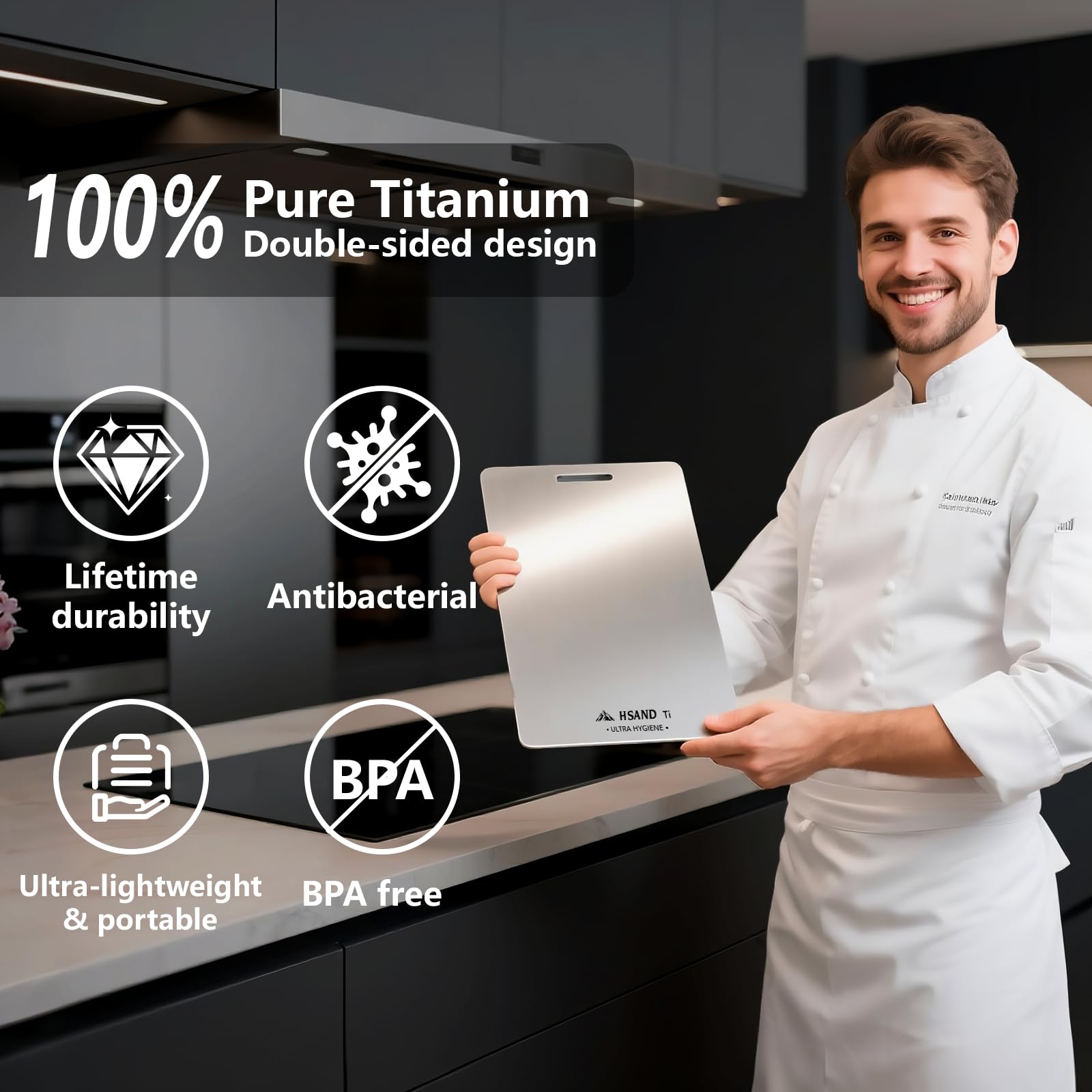 HSAND titanium cutting board 12x18, large surface ideal for roasts and big chopping tasks.